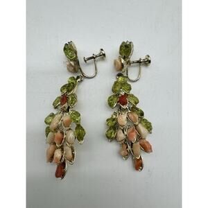 Vintage Green Orange Coral Rhinestone Dangle Clip On Earrings Screw Back 2.5“